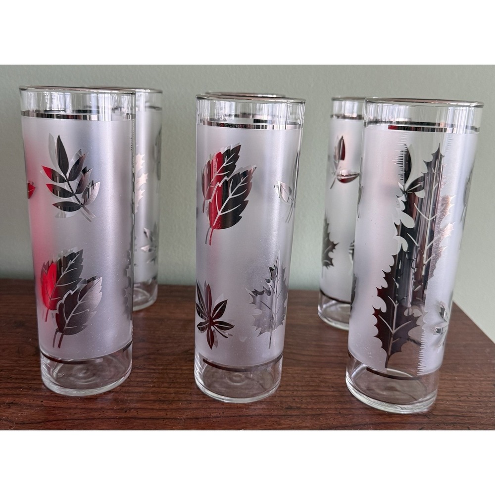 Set Of 6 Vintage 1950s LIbbey Barware Silver Leaf Frosted Glasses‎ MCM